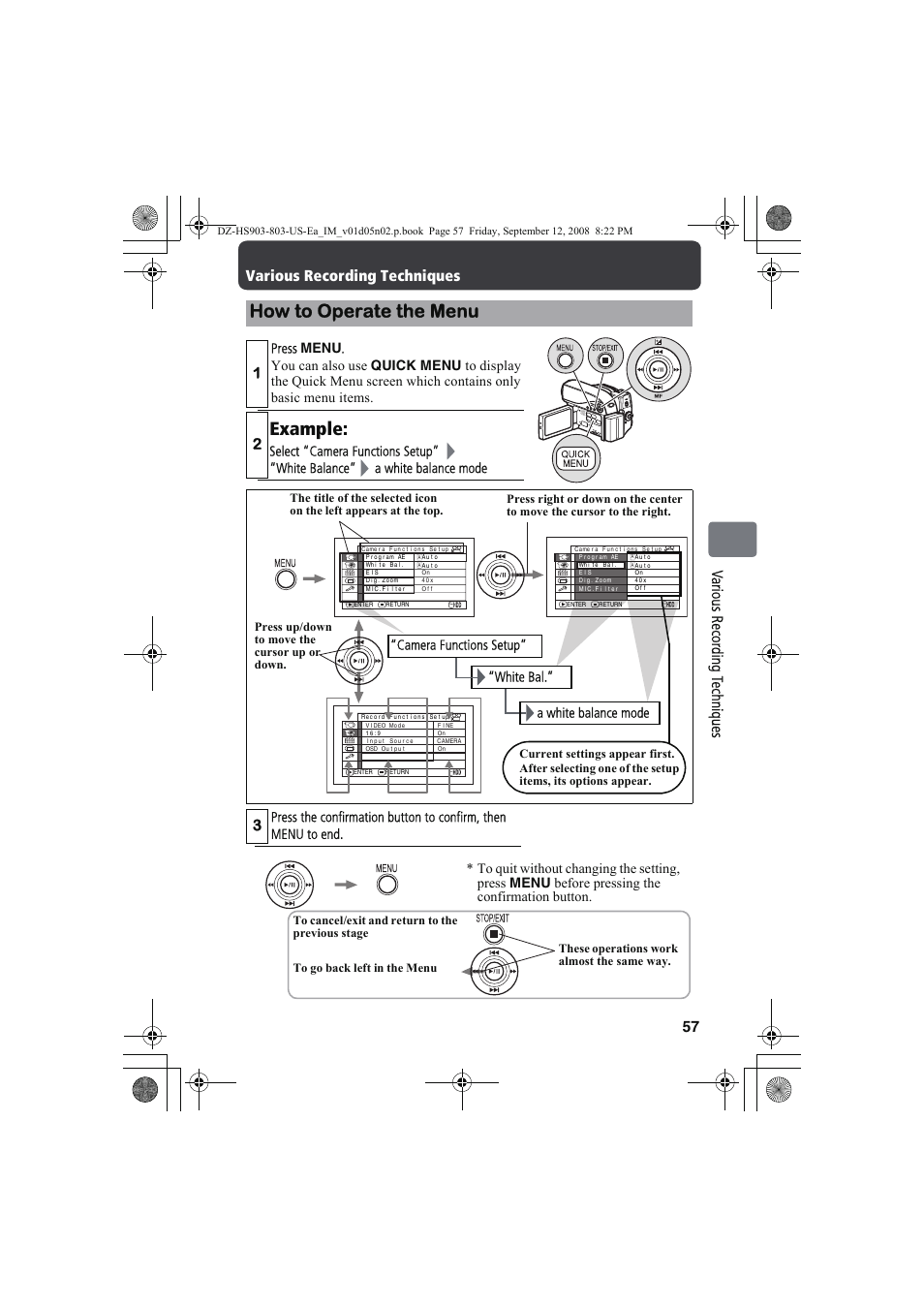 How to operate the menu, Example, 57 va rious rec or di ng t echn ique s | Various recording techniques | Hitachi DZ-HS803A User Manual | Page 57 / 191