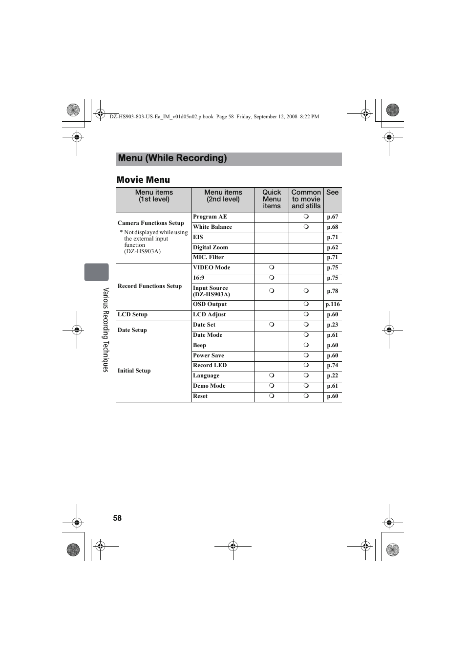 Movie menu menu (while recording) | Hitachi DZ-HS803A User Manual | Page 58 / 191