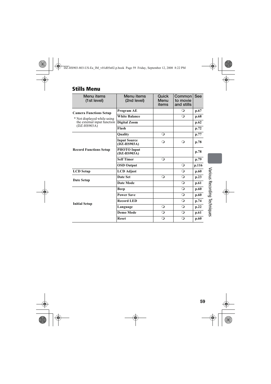 Stills menu | Hitachi DZ-HS803A User Manual | Page 59 / 191