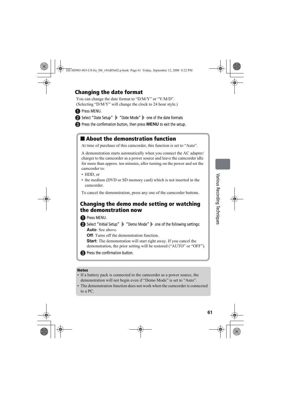 Changing the date format, About the demonstration function | Hitachi DZ-HS803A User Manual | Page 61 / 191