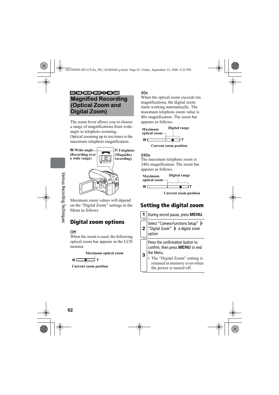 Digital zoom options | Hitachi DZ-HS803A User Manual | Page 62 / 191