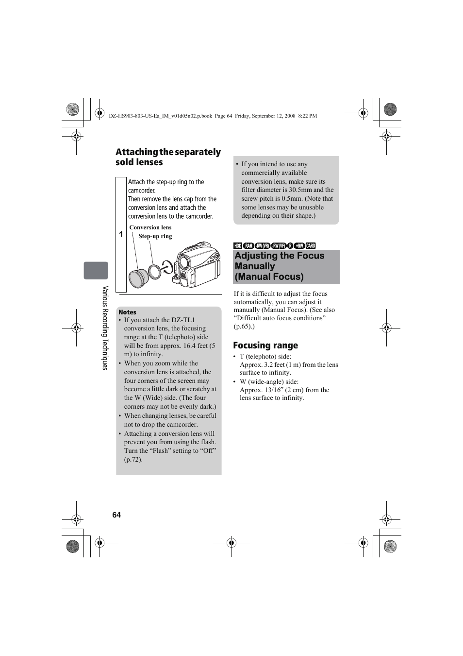 Adjusting the focus manually (manual focus) | Hitachi DZ-HS803A User Manual | Page 64 / 191