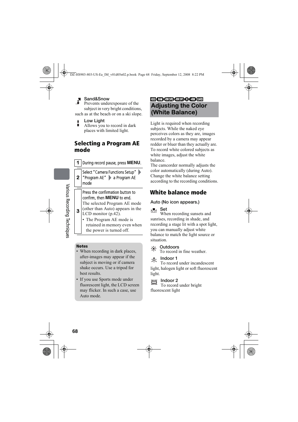 Selecting a program ae mode white balance mode, Adjusting the color (white balance) | Hitachi DZ-HS803A User Manual | Page 68 / 191