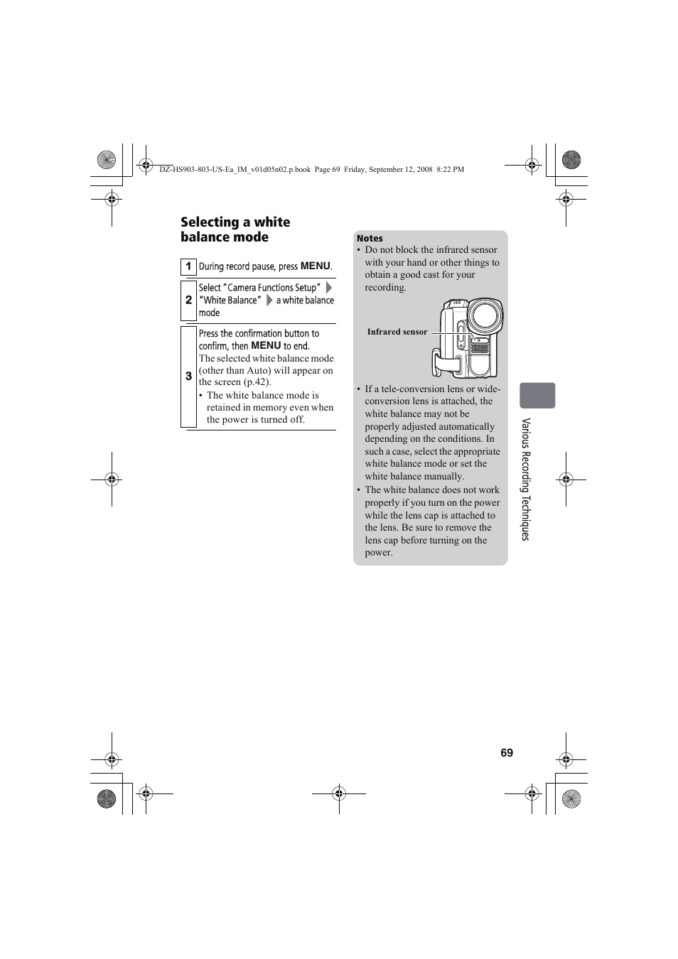 Selecting a white balance mode | Hitachi DZ-HS803A User Manual | Page 69 / 191