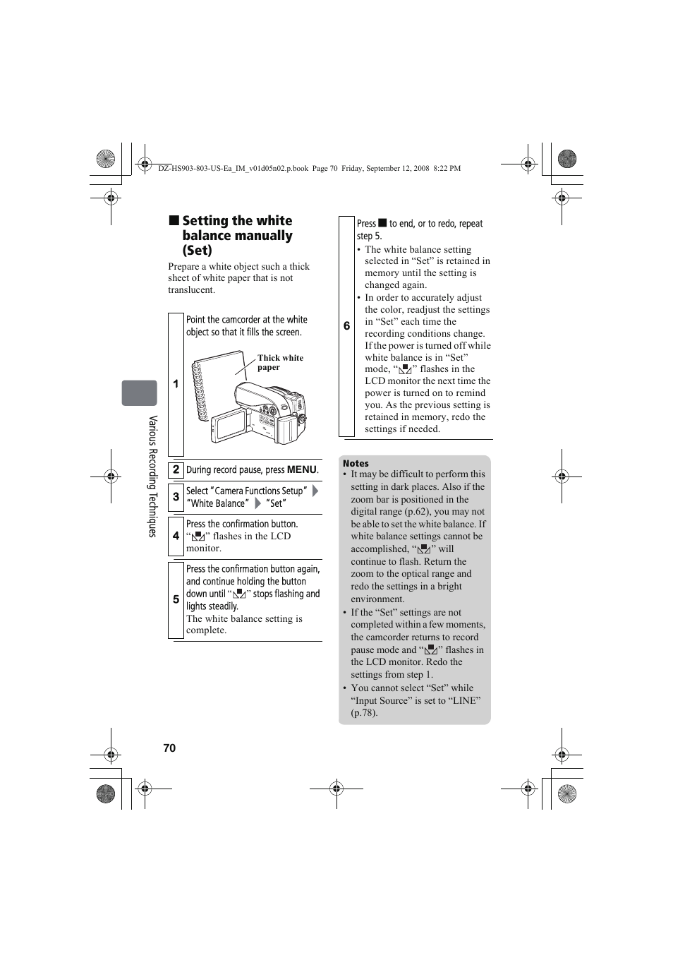 Setting the white balance manually (set) | Hitachi DZ-HS803A User Manual | Page 70 / 191