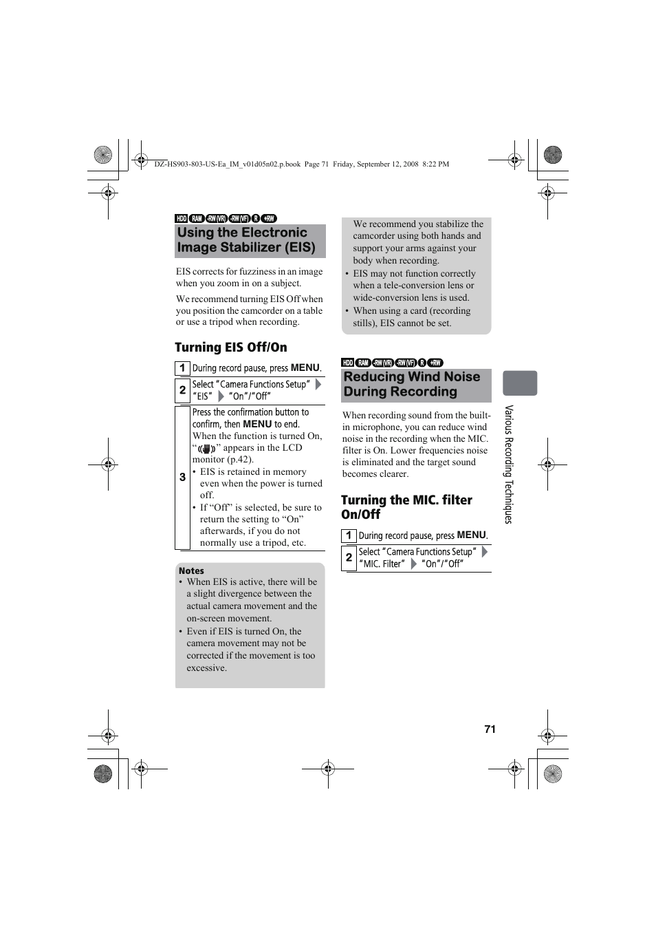 Reducing wind noise during recording | Hitachi DZ-HS803A User Manual | Page 71 / 191