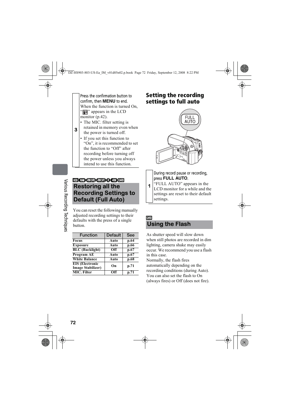 Setting the recording settings to full auto, Using the flash | Hitachi DZ-HS803A User Manual | Page 72 / 191