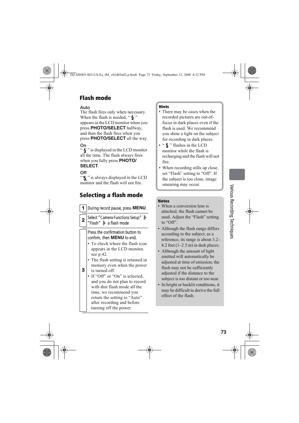 Flash mode selecting a flash mode | Hitachi DZ-HS803A User Manual | Page 73 / 191