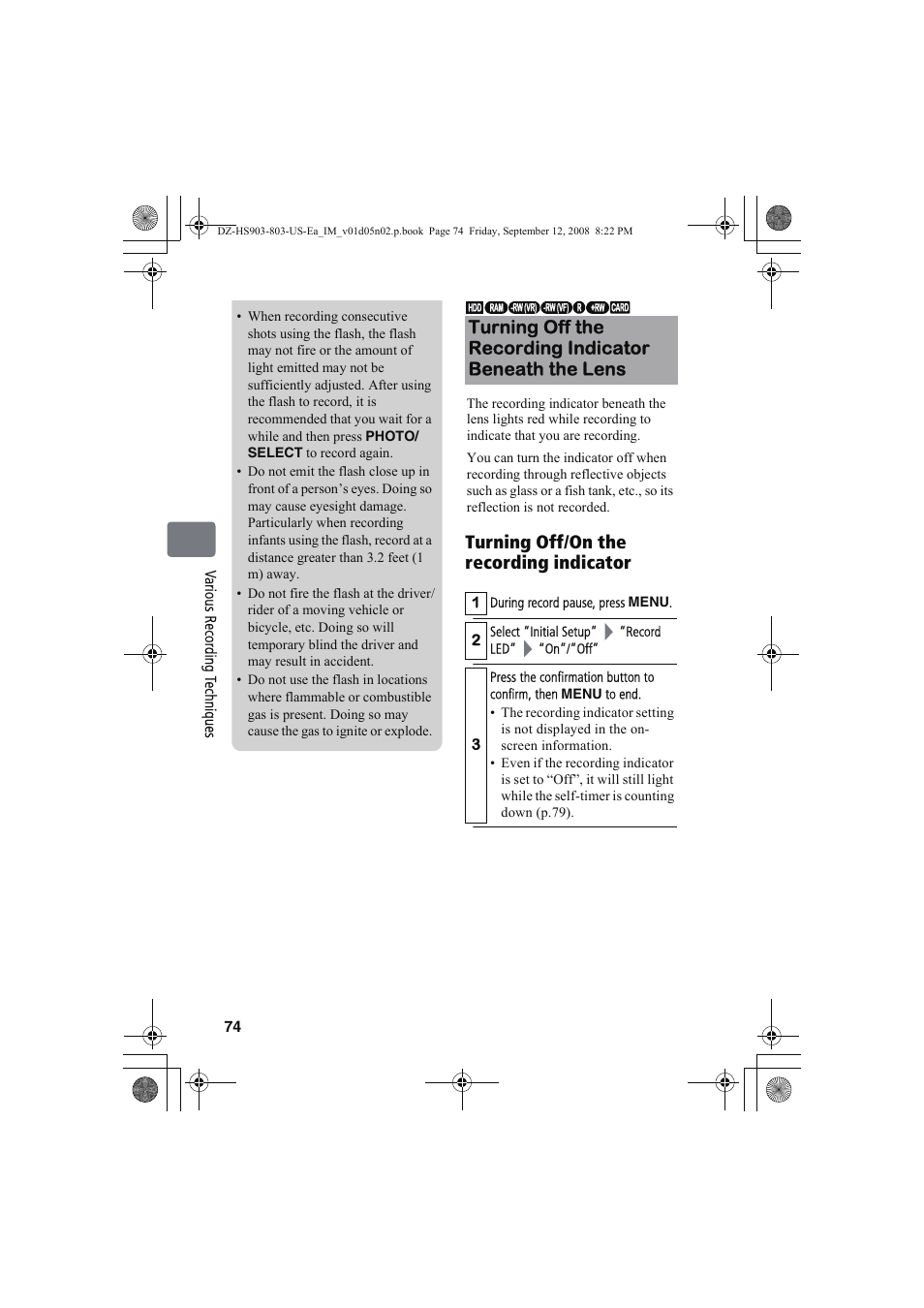 Turning off/on the recording indicator | Hitachi DZ-HS803A User Manual | Page 74 / 191