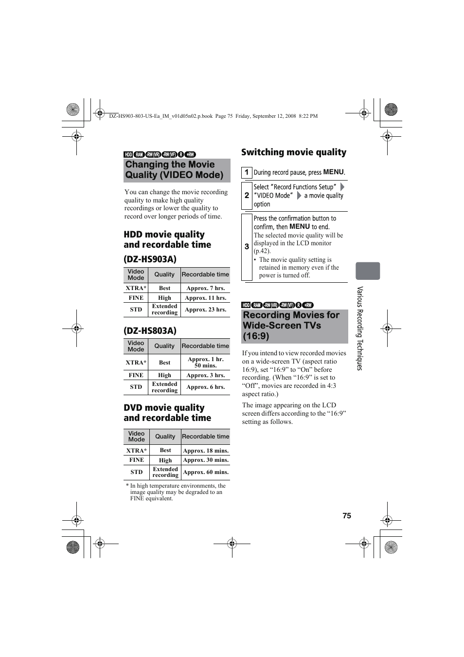 Recording movies for wide-screen tvs (16:9) | Hitachi DZ-HS803A User Manual | Page 75 / 191
