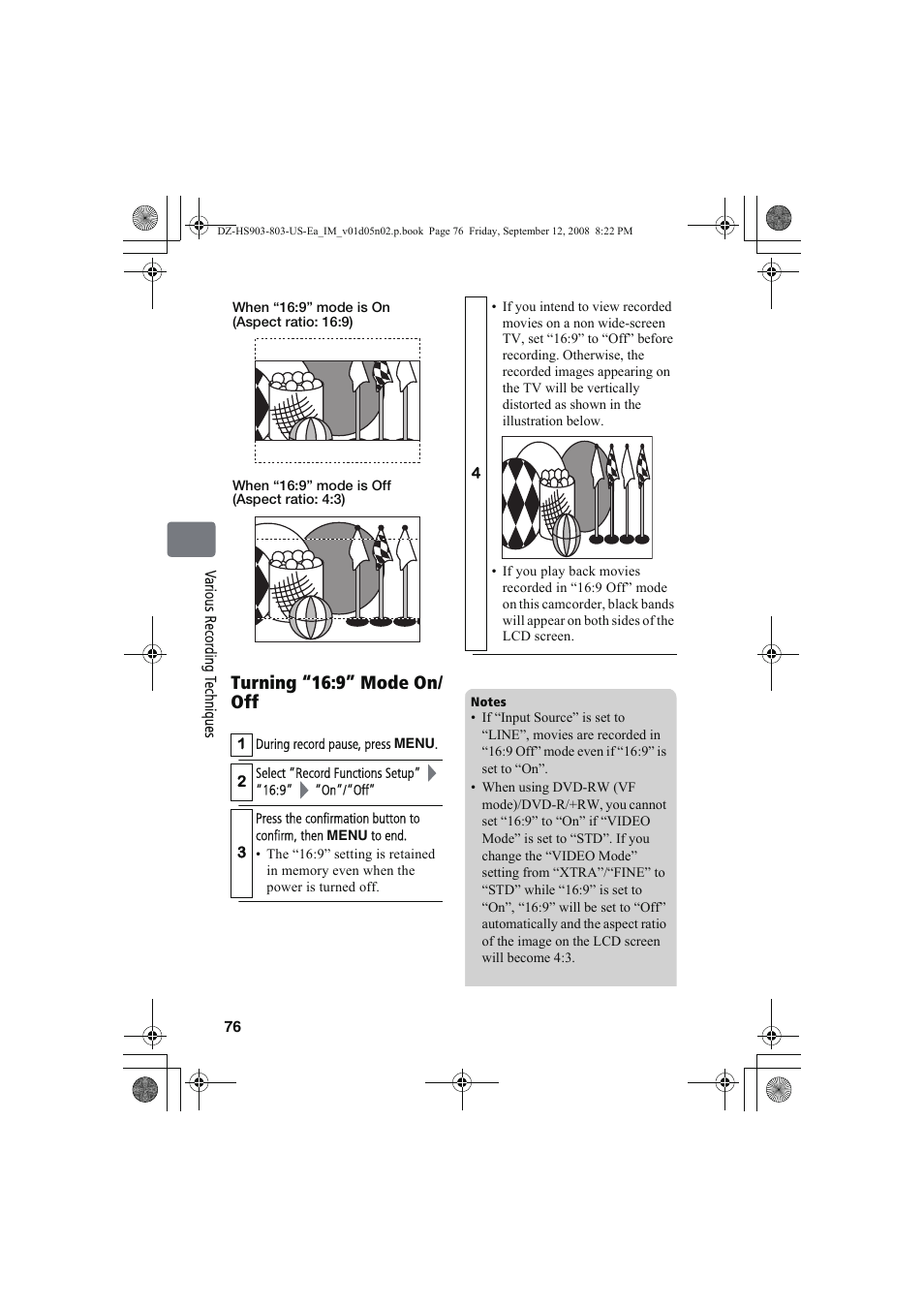 Turning “16:9” mode on/ off | Hitachi DZ-HS803A User Manual | Page 76 / 191