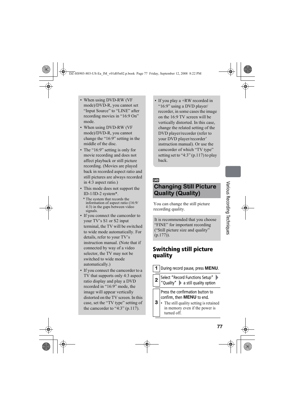 Switching still picture quality, Changing still picture quality (quality) | Hitachi DZ-HS803A User Manual | Page 77 / 191