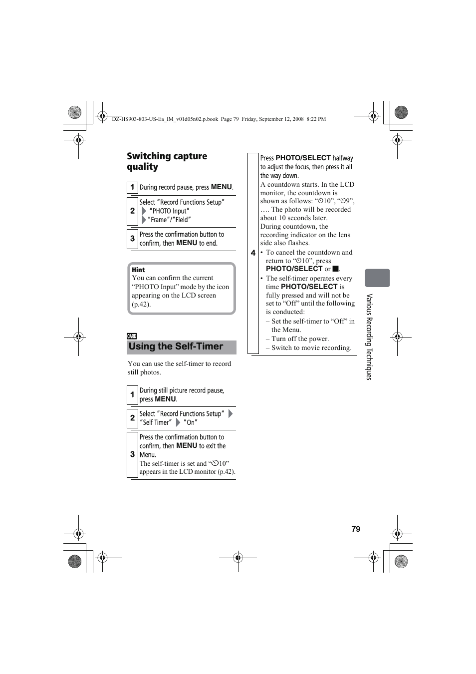 Switching capture quality, Using the self-timer | Hitachi DZ-HS803A User Manual | Page 79 / 191