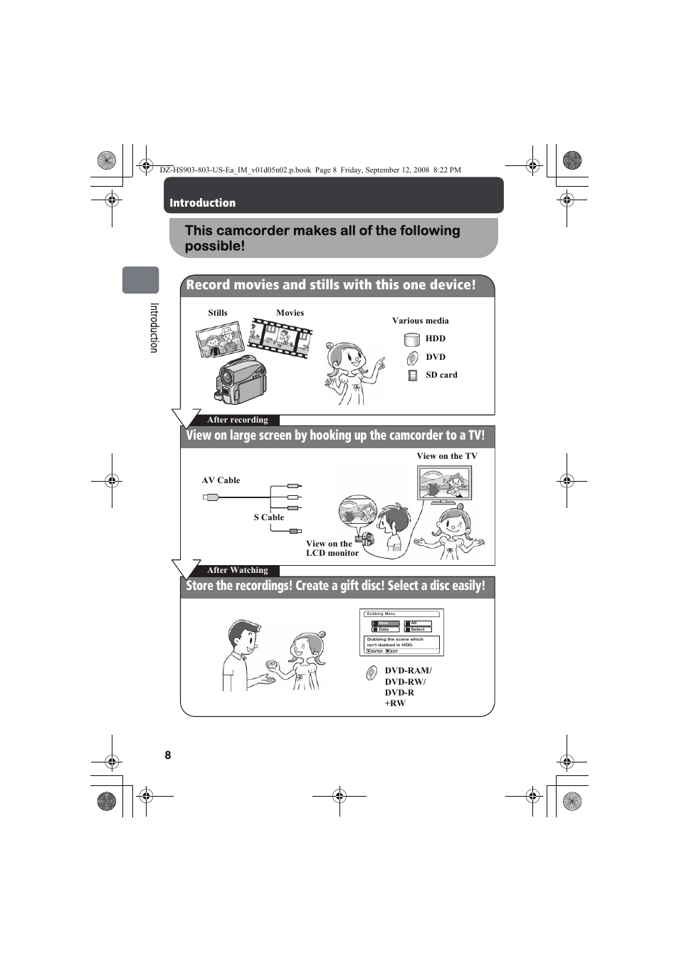 This camcorder makes all of the following possible, 8in trod uct ion, Introduction | Hitachi DZ-HS803A User Manual | Page 8 / 191