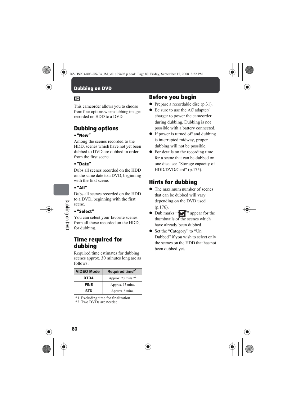 Dubbing options, Time required for dubbing, Before you begin | Hints for dubbing | Hitachi DZ-HS803A User Manual | Page 80 / 191