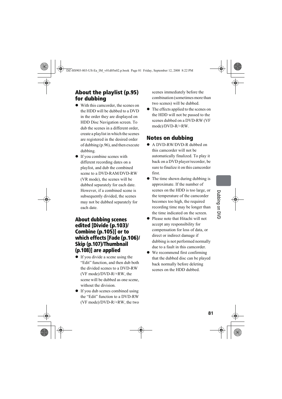 About the playlist (p.95) for dubbing | Hitachi DZ-HS803A User Manual | Page 81 / 191