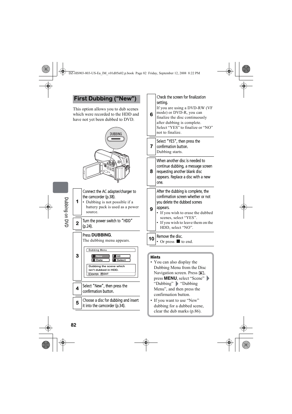 First dubbing (“new”) | Hitachi DZ-HS803A User Manual | Page 82 / 191