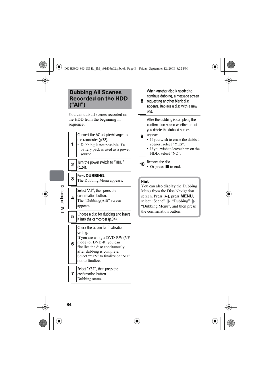 Dubbing all scenes recorded on the hdd (“all”) | Hitachi DZ-HS803A User Manual | Page 84 / 191