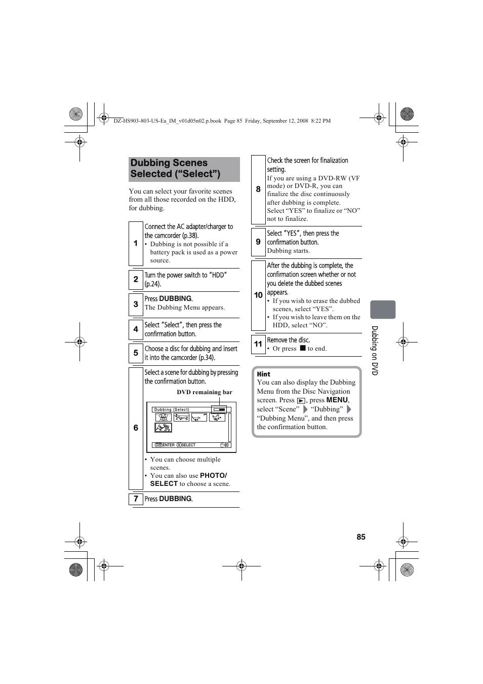 Dubbing scenes selected (“select”) | Hitachi DZ-HS803A User Manual | Page 85 / 191