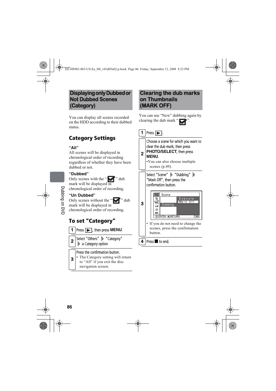 Category settings, Clearing the dub marks on thumbnails (mark off) | Hitachi DZ-HS803A User Manual | Page 86 / 191