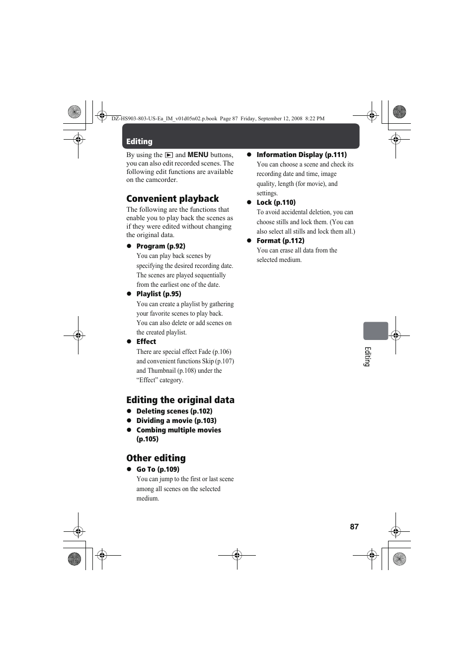 Convenient playback, Editing the original data, Other editing | Hitachi DZ-HS803A User Manual | Page 87 / 191