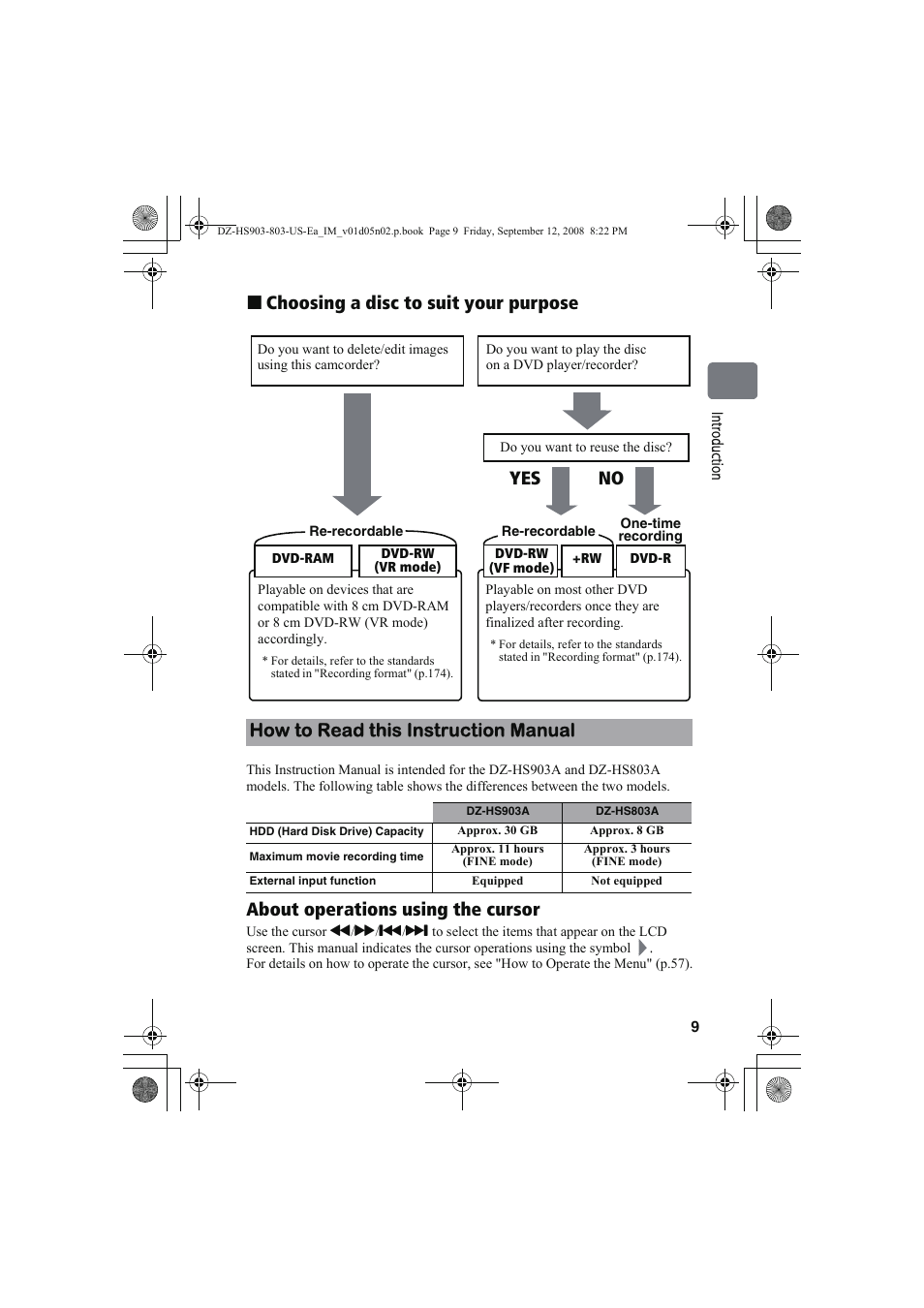 Choosing a disc to suit your purpose, About operations using the cursor, How to read this instruction manual | Hitachi DZ-HS803A User Manual | Page 9 / 191