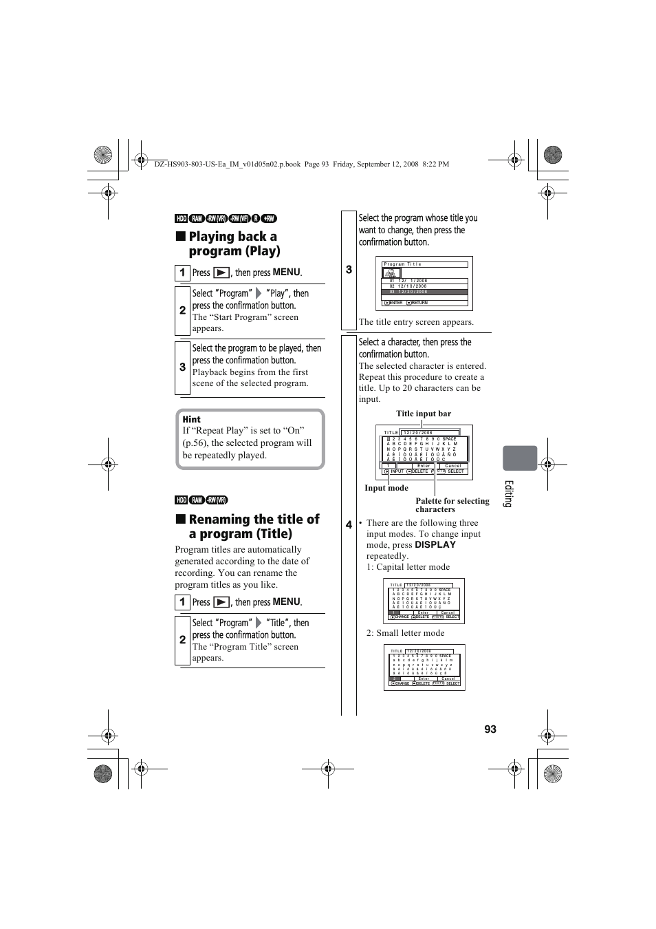 93 ed it in g, Press , then press menu | Hitachi DZ-HS803A User Manual | Page 93 / 191