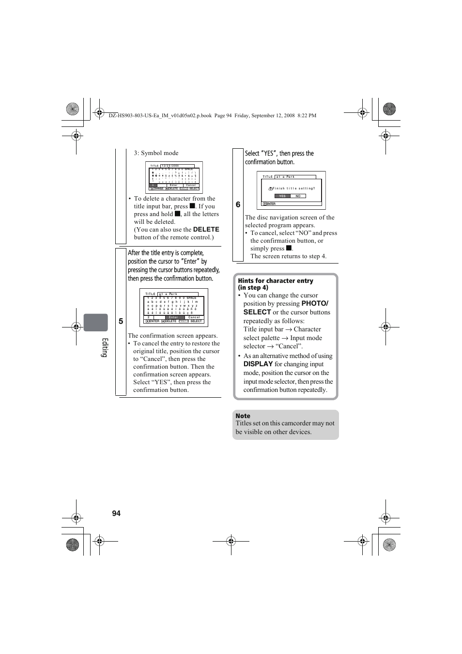 94 ed it in g, Select “yes”, then press the confirmation button | Hitachi DZ-HS803A User Manual | Page 94 / 191