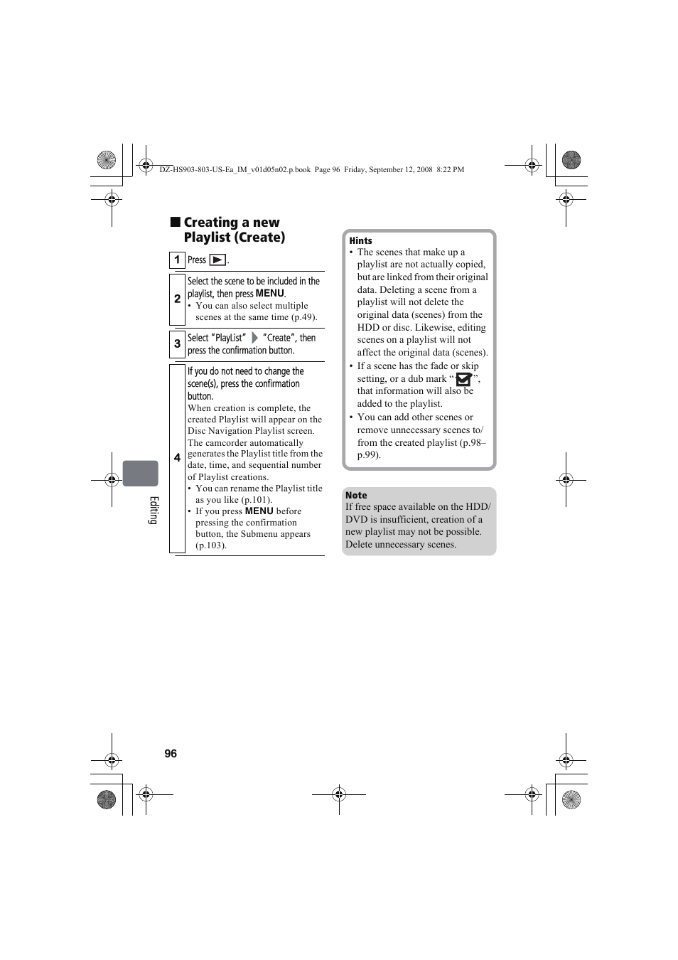 Creating a new playlist (create) | Hitachi DZ-HS803A User Manual | Page 96 / 191