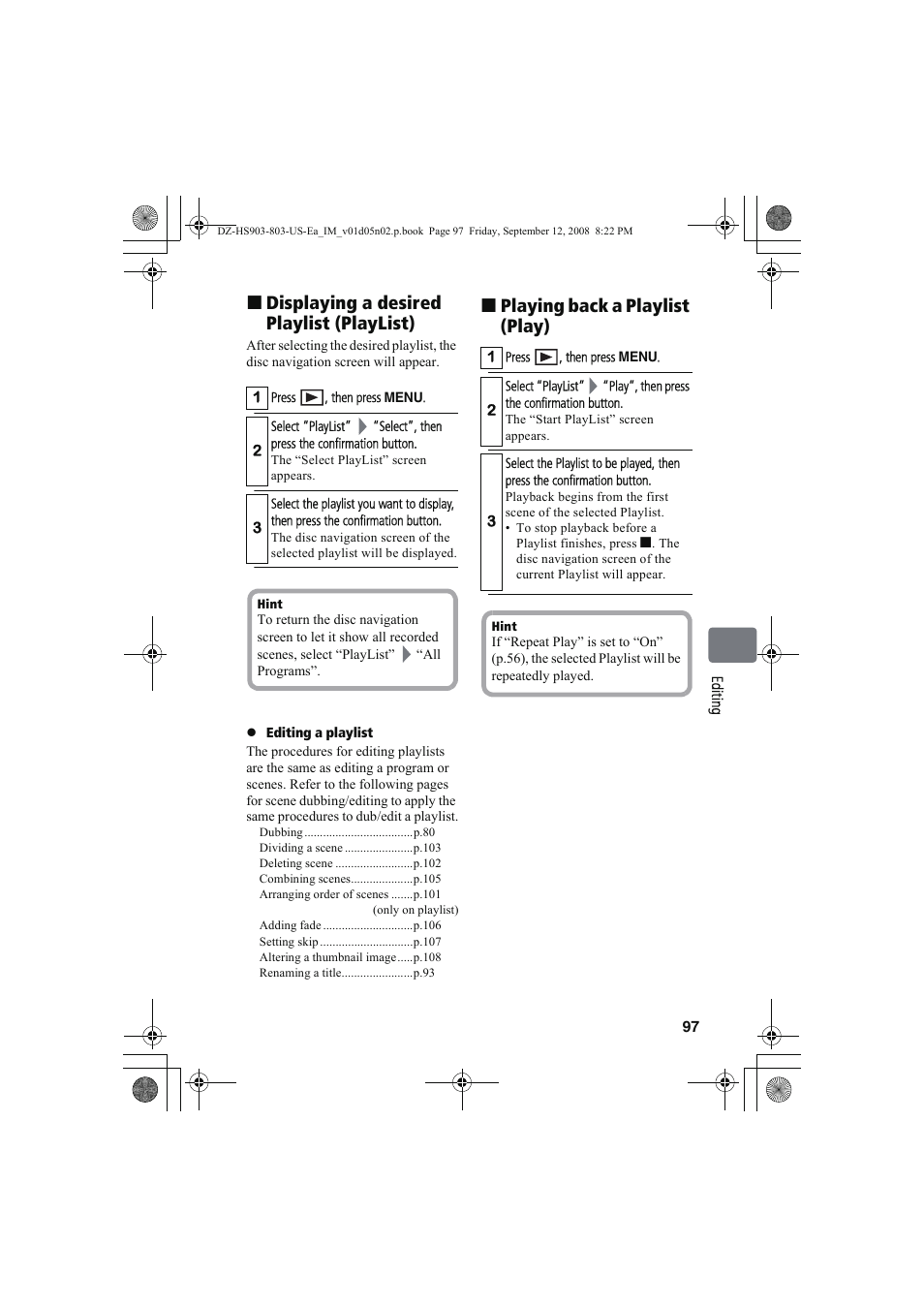 Displaying a desired playlist (playlist), Playing back a playlist (play) | Hitachi DZ-HS803A User Manual | Page 97 / 191