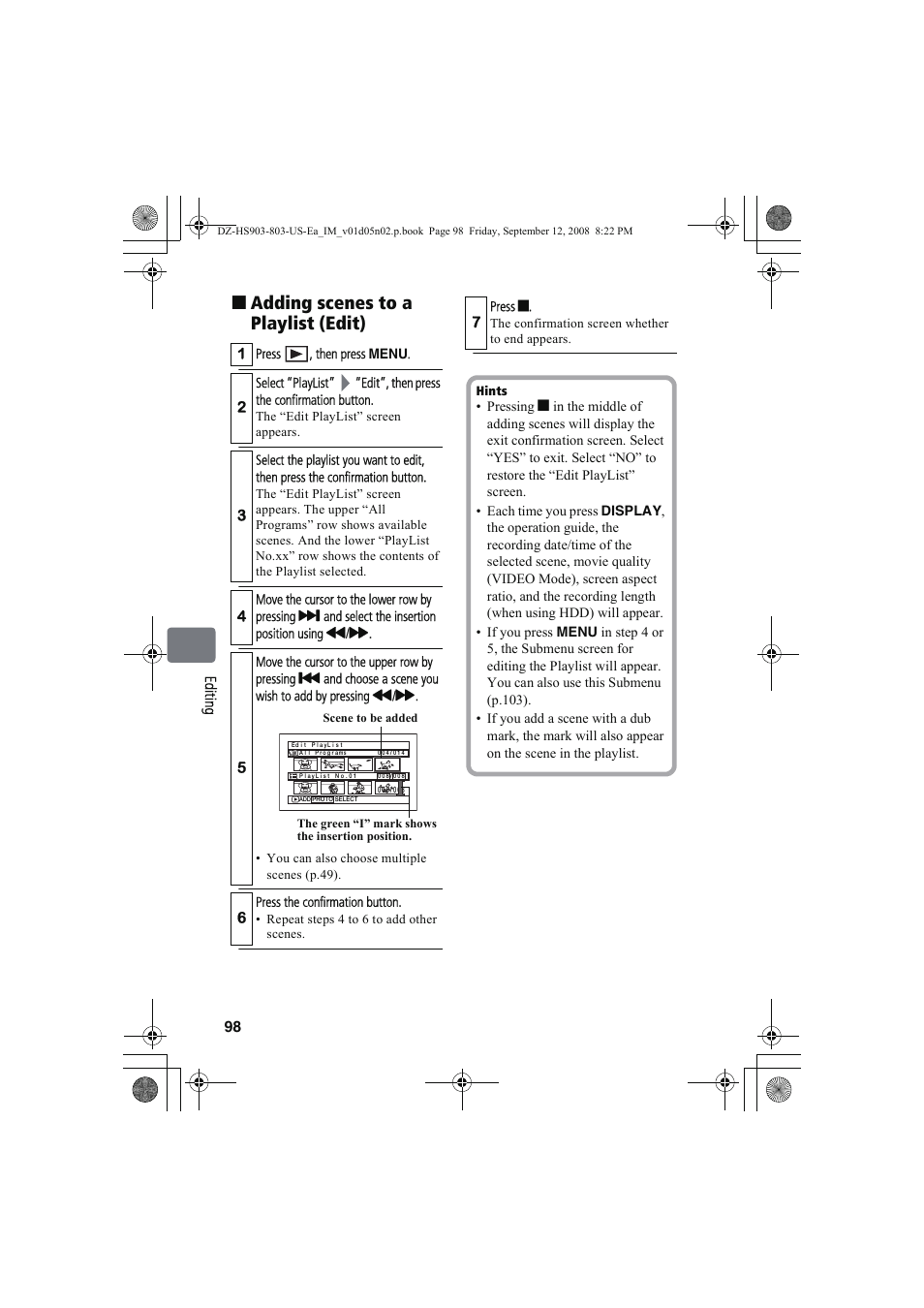 Adding scenes to a playlist (edit) | Hitachi DZ-HS803A User Manual | Page 98 / 191