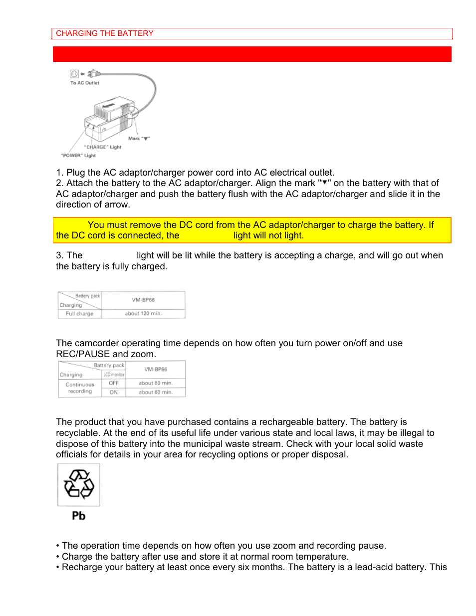 Charging the battery | Hitachi VM-8400LA User Manual | Page 18 / 63