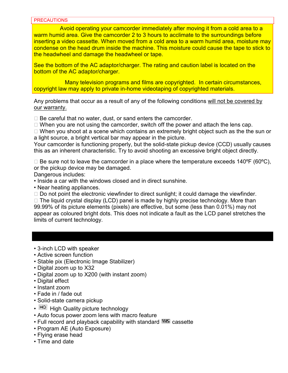 Features | Hitachi VM-8400LA User Manual | Page 4 / 63
