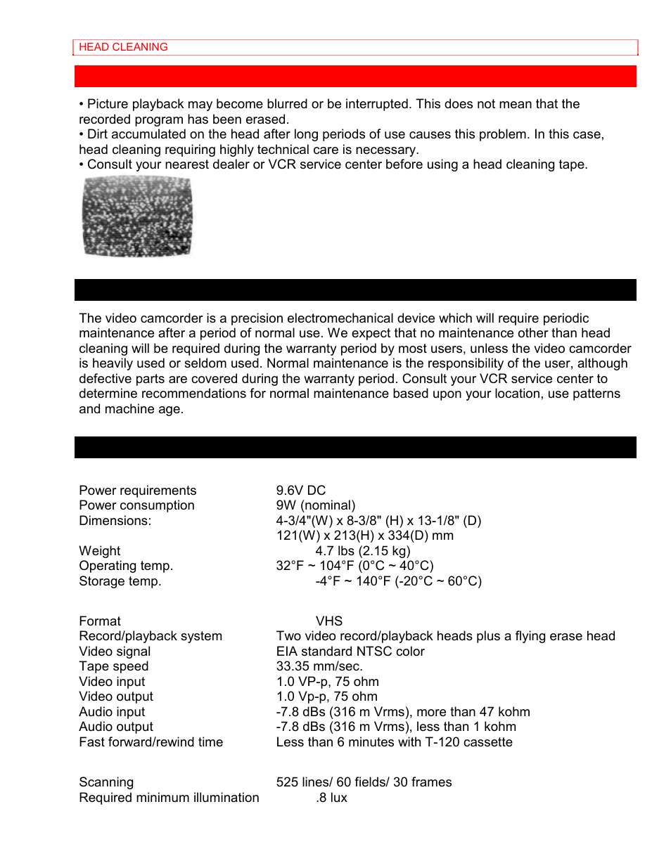 Head cleaning, Periodic maintenance, Specifications | Hitachi VM-8400LA User Manual | Page 59 / 63