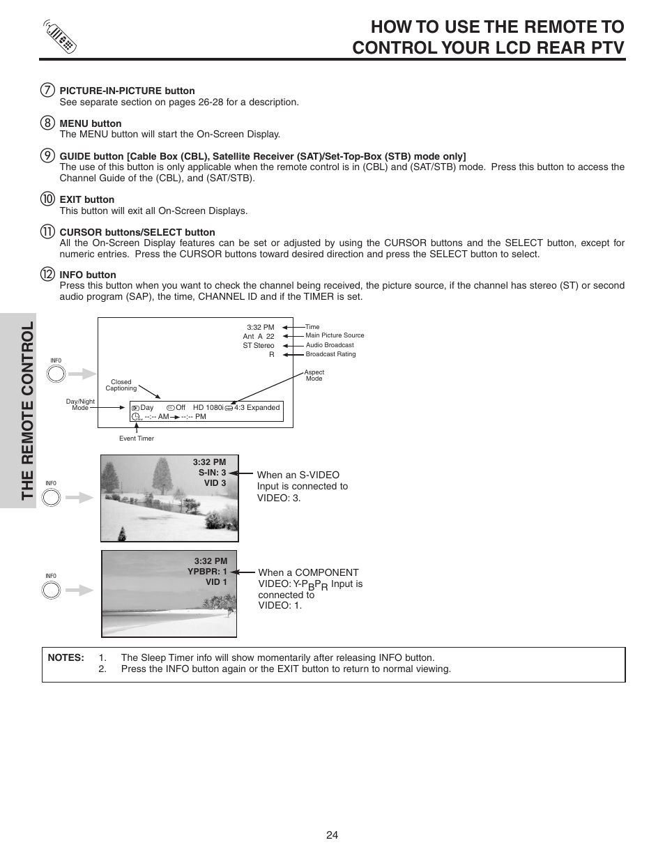 How to use the remote to control your lcd rear ptv, The remo te contr ol ቨ | Hitachi 42V52 User Manual | Page 24 / 76