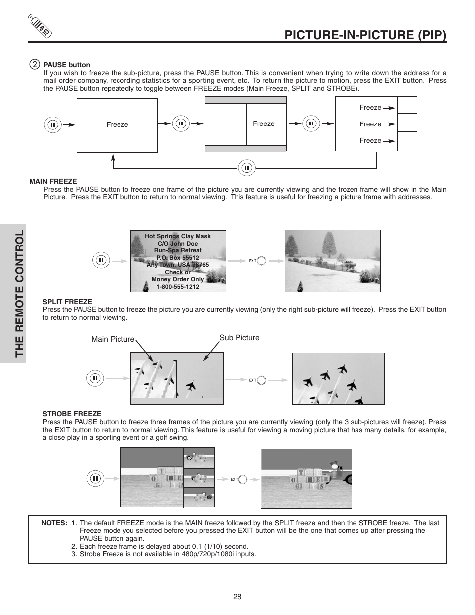 Picture-in-picture (pip), The remo te contr ol | Hitachi 42V52 User Manual | Page 28 / 76