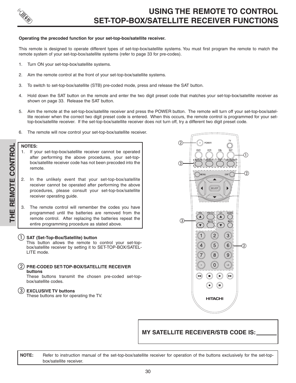 The remo te contr ol | Hitachi 42V52 User Manual | Page 30 / 76