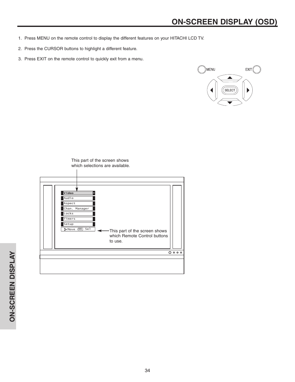 On-screen display (osd), On-screen displa y | Hitachi 42V52 User Manual | Page 34 / 76