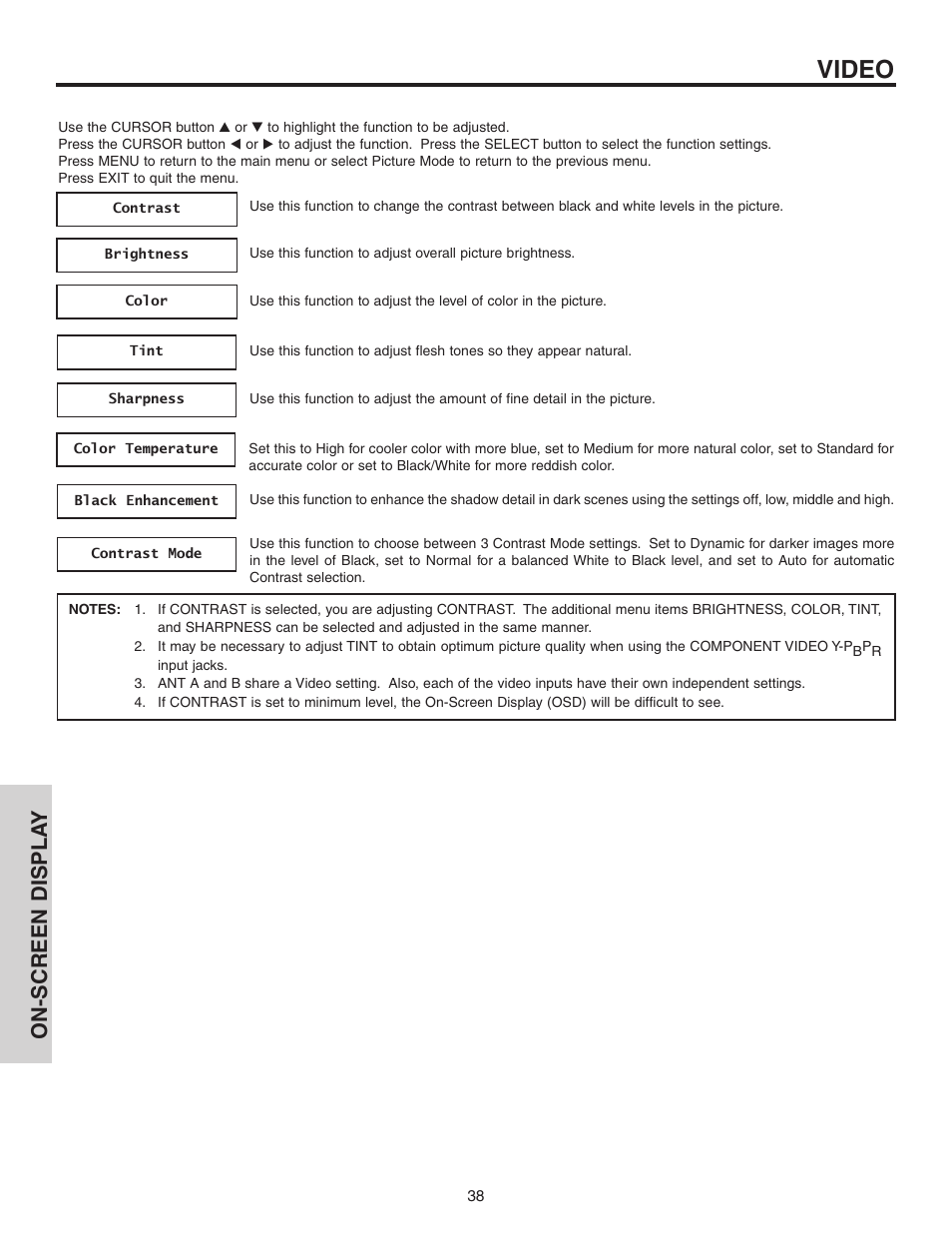 Video, On-screen displa y | Hitachi 42V52 User Manual | Page 38 / 76