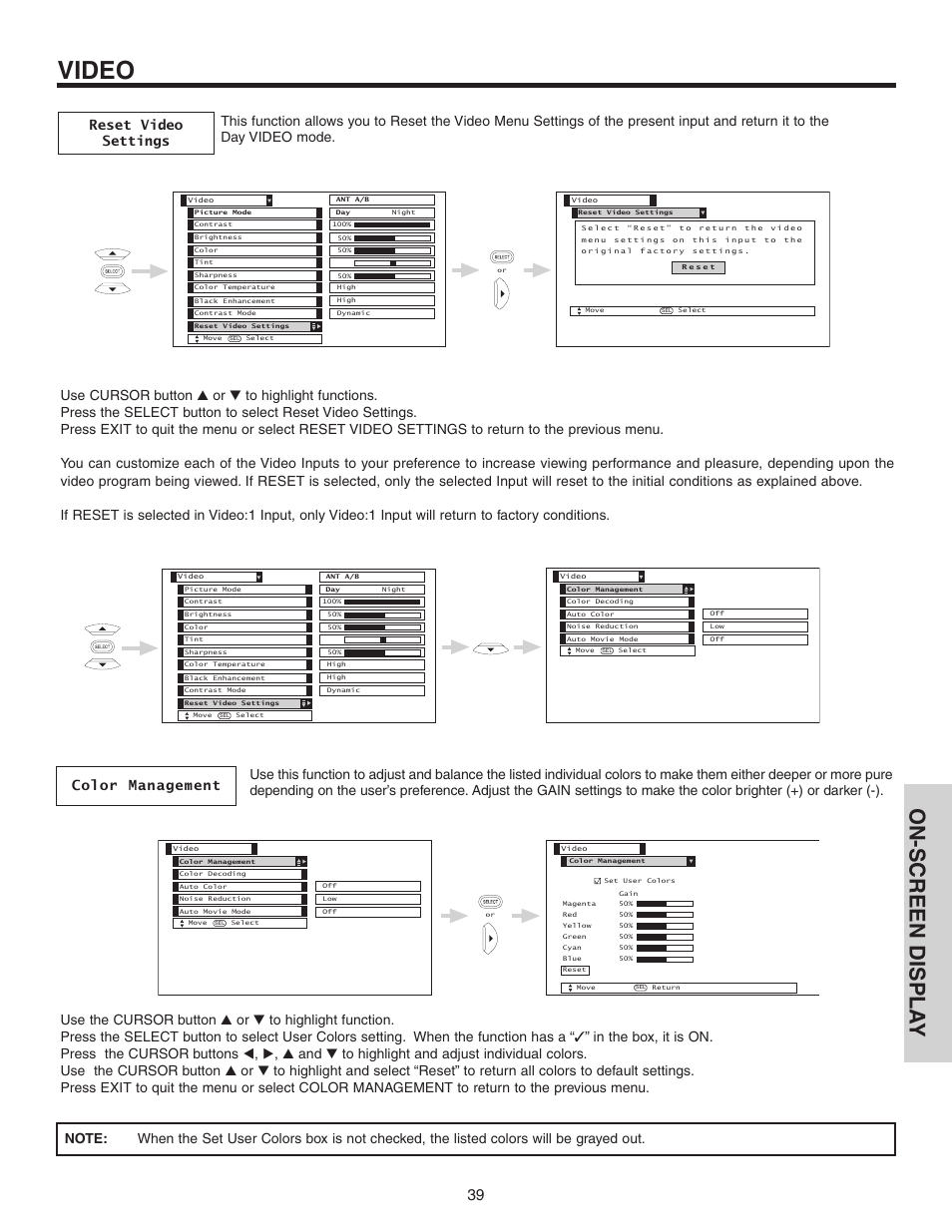 Video, On-screen displa y | Hitachi 42V52 User Manual | Page 39 / 76