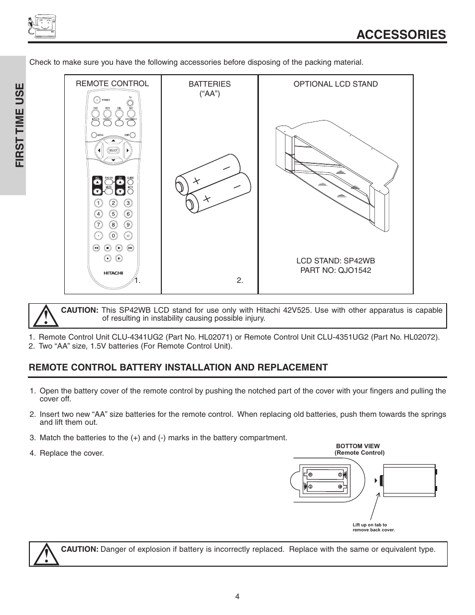 Accessories, First time use | Hitachi 42V52 User Manual | Page 4 / 76