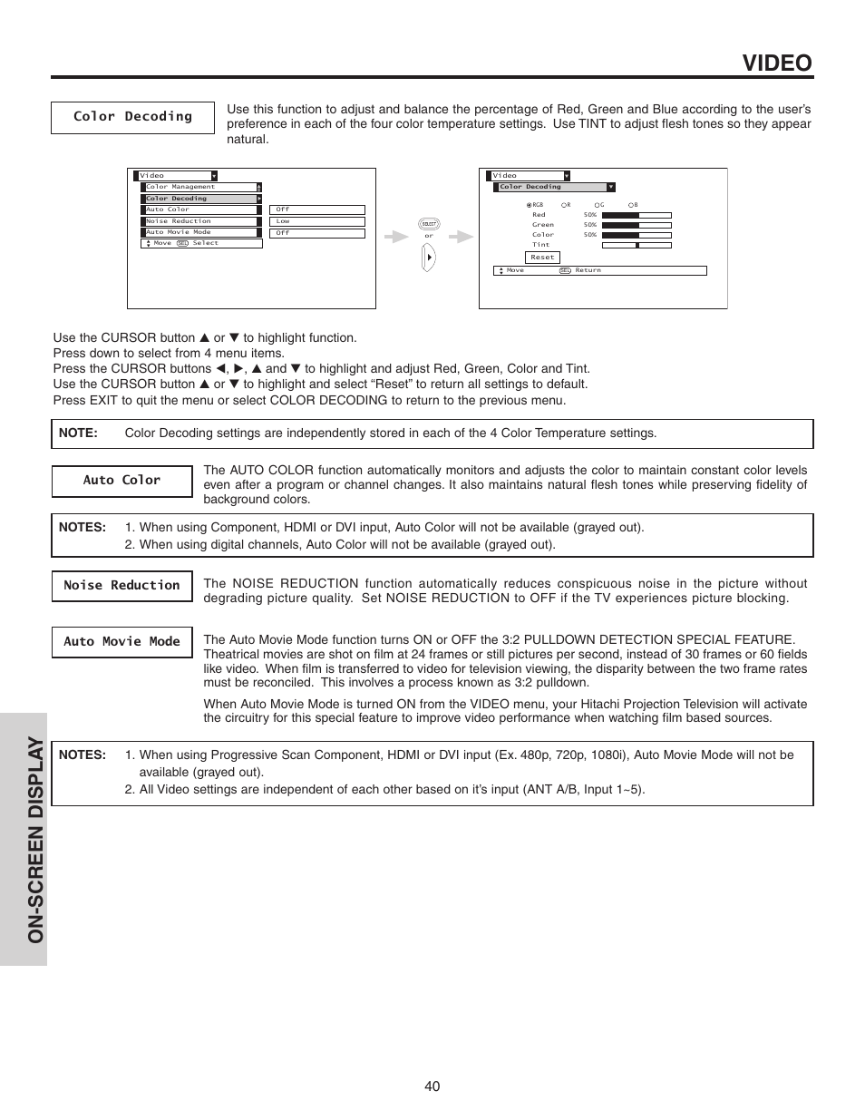 Video, On-screen displa y | Hitachi 42V52 User Manual | Page 40 / 76