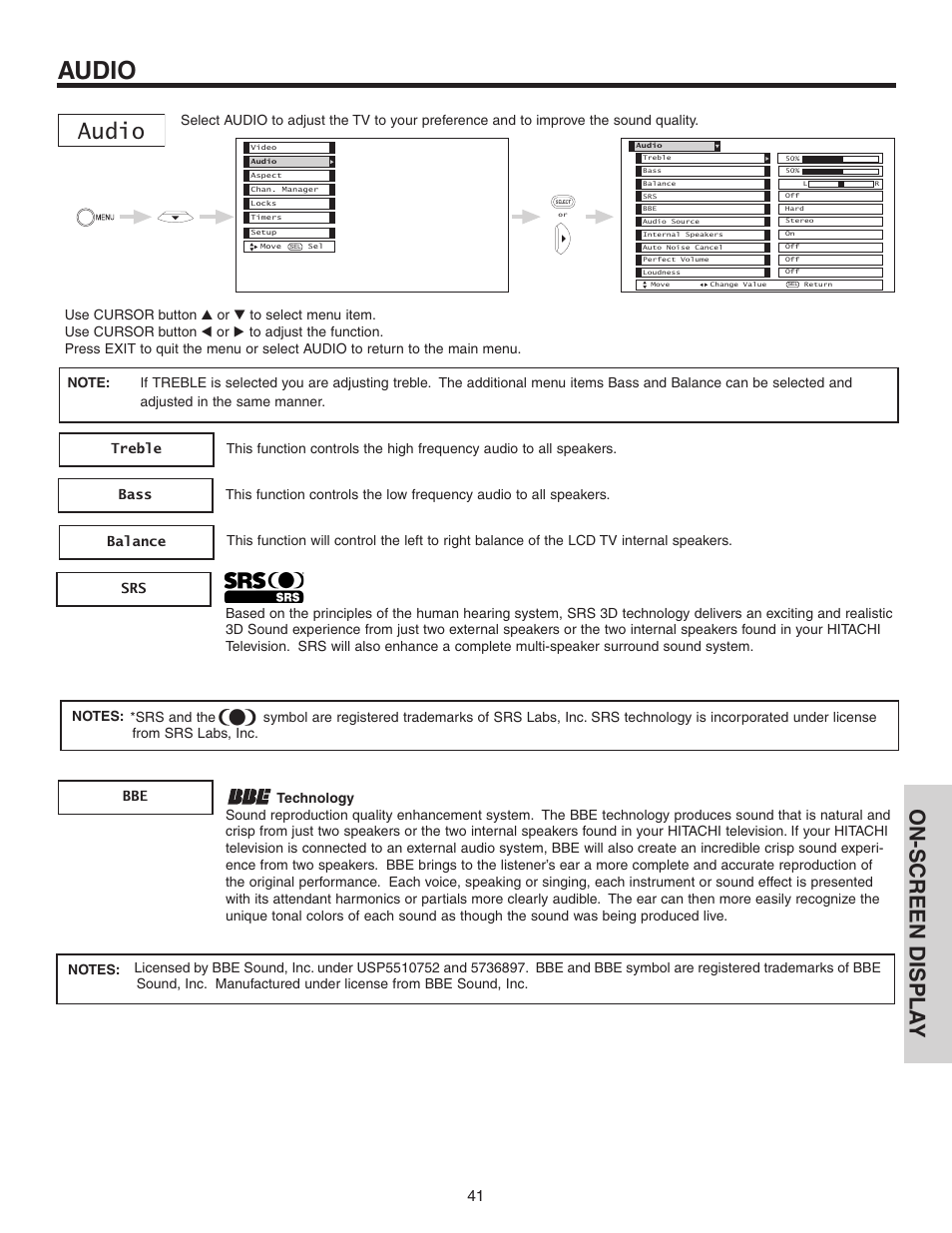Audio, On-screen displa y | Hitachi 42V52 User Manual | Page 41 / 76