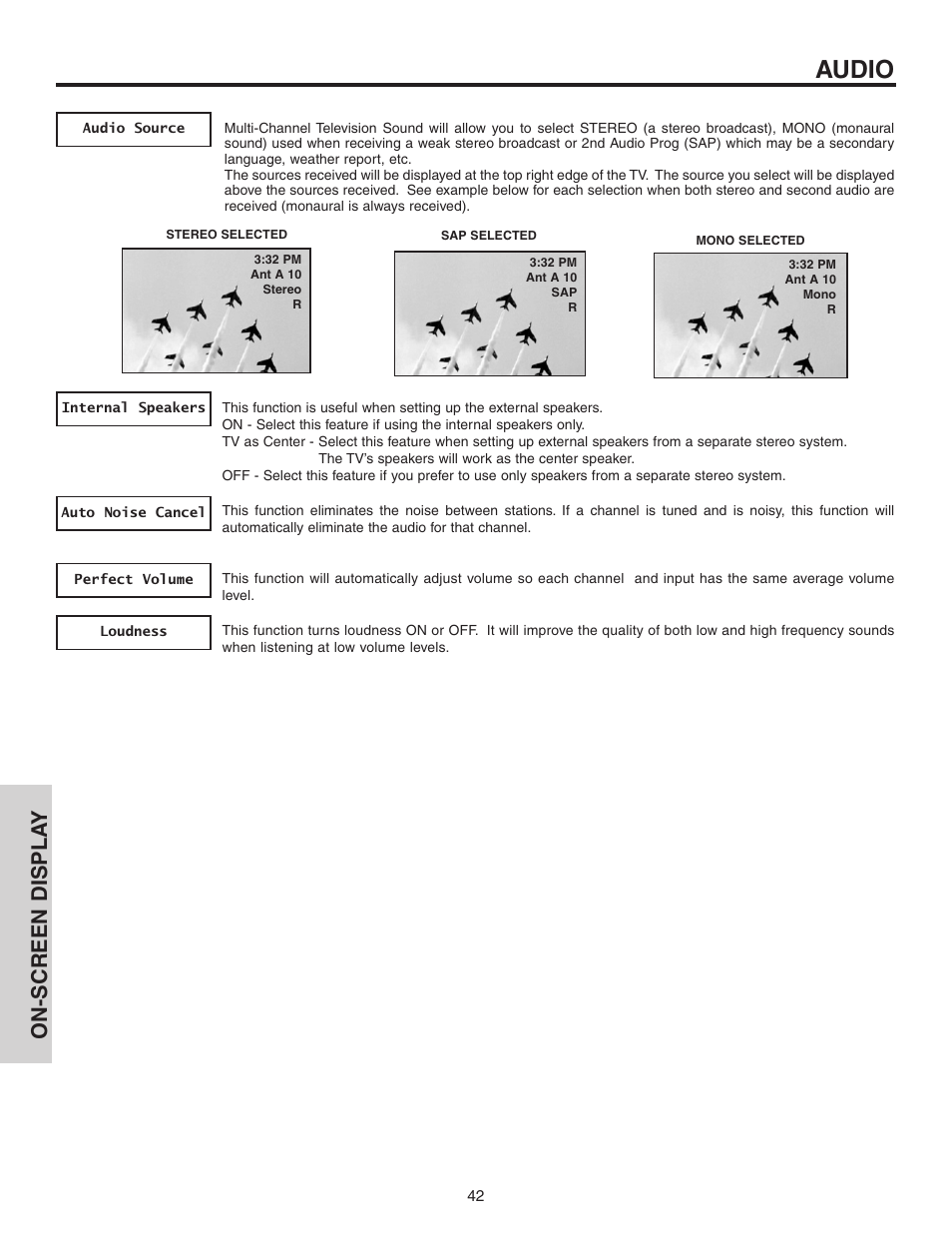 Audio, On-screen displa y | Hitachi 42V52 User Manual | Page 42 / 76