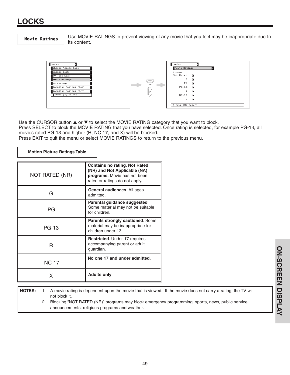 Locks, On-screen displa y, Gpg pg-13 r nc-17 x not rated (nr) | Hitachi 42V52 User Manual | Page 49 / 76