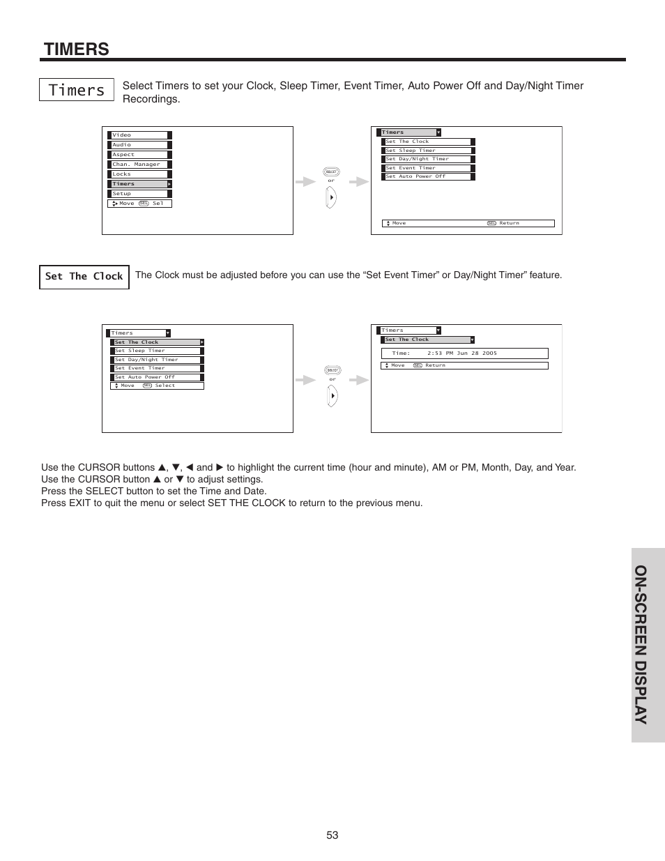 Timers, On-screen displa y, Set the clock | Hitachi 42V52 User Manual | Page 53 / 76
