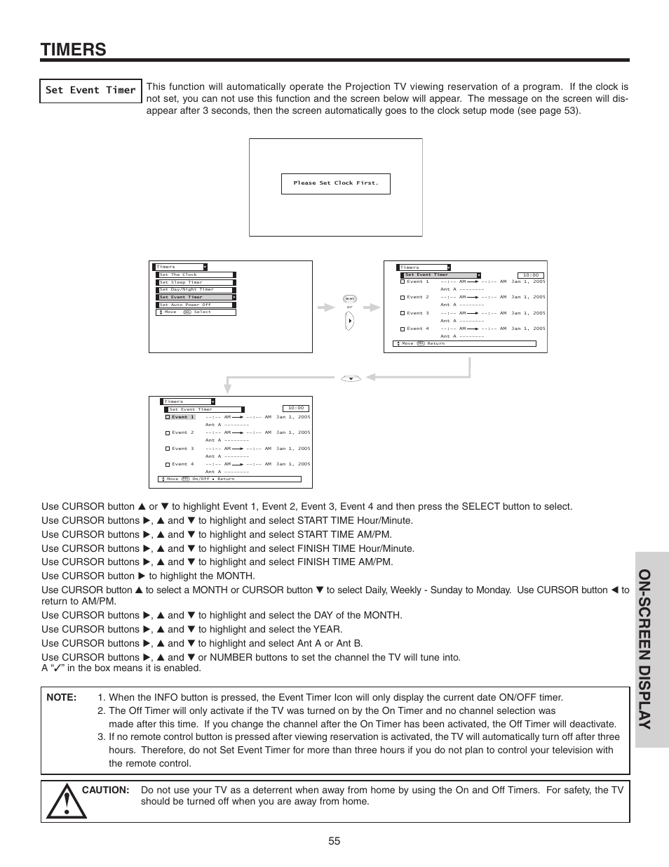 Timers, On-screen displa y | Hitachi 42V52 User Manual | Page 55 / 76