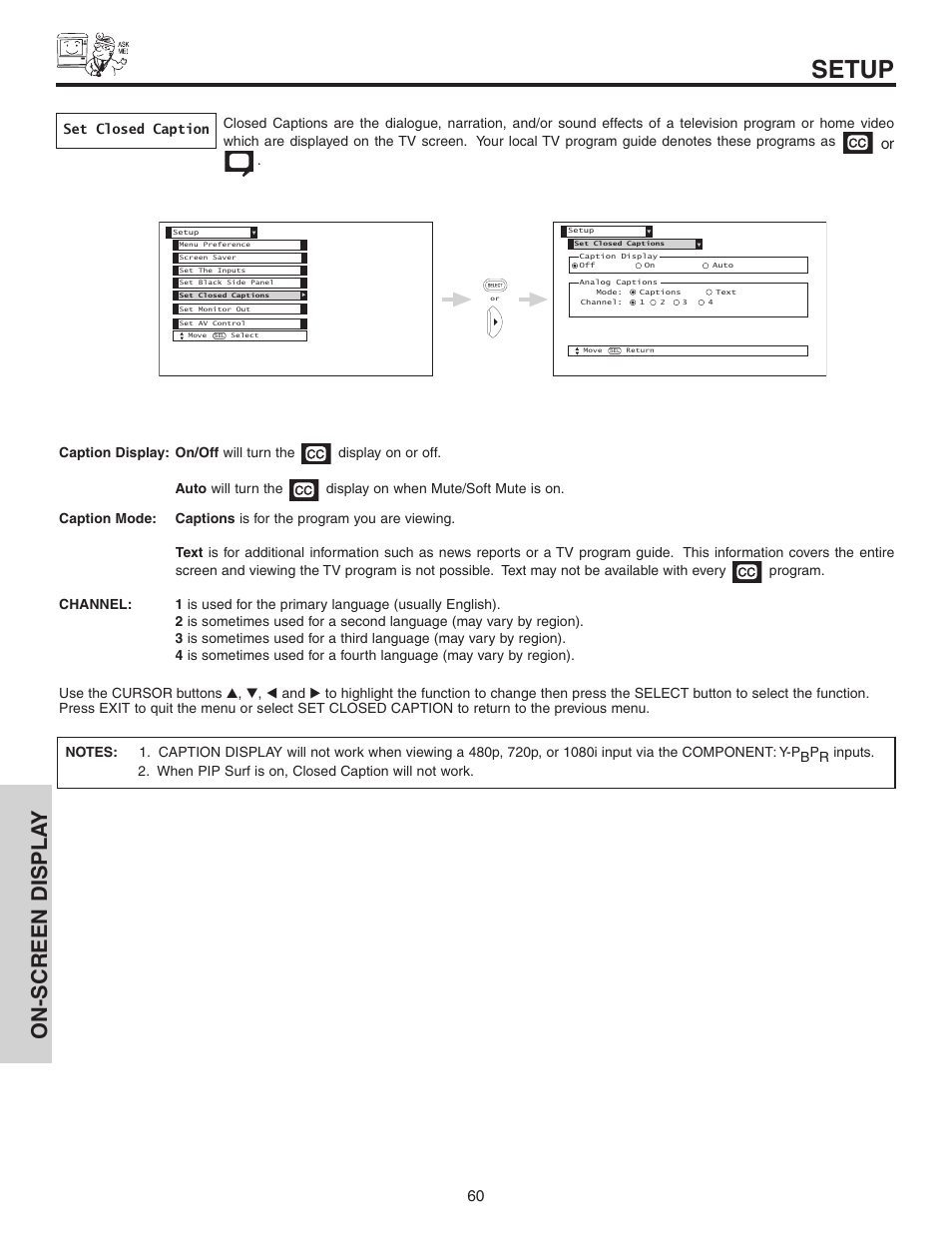 Setup, On-screen displa y, Set closed caption | Hitachi 42V52 User Manual | Page 60 / 76
