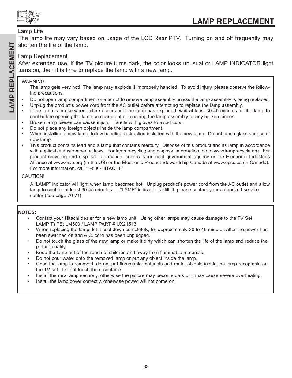 Lamp replacement, Lamp repla cement | Hitachi 42V52 User Manual | Page 62 / 76