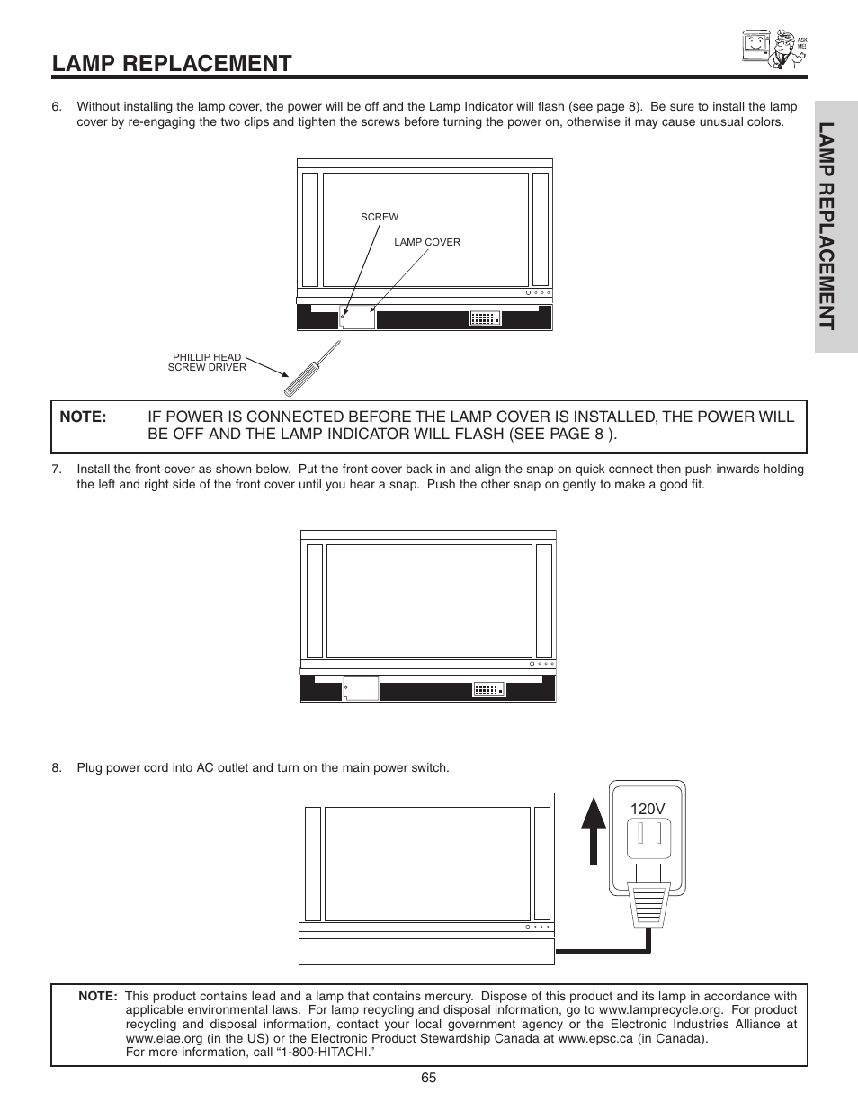 Lamp replacement, Lamp repla cement | Hitachi 42V52 User Manual | Page 65 / 76